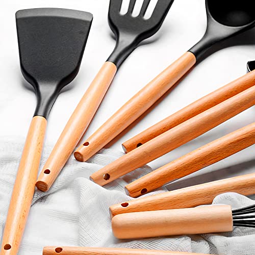 Conjunto de Utensílios de Cozinha em Silicone Antiaderentes com cabo de Madeira - Conjunto de Utensílios 12 Peças (Preto)