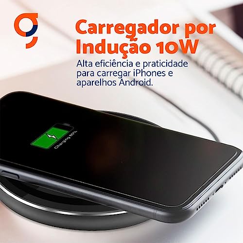 Geonav Carregador por Indução de mesa 10W, vidro, carregamento rápido, compatível com aparelhos Android e iPhones com padrão Qi, QI10WG, Preto