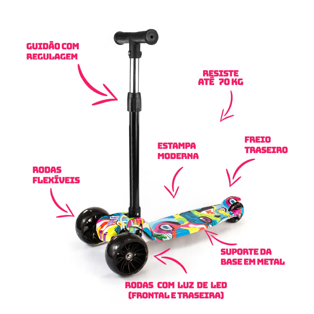 Patinete Infantil 3 Rodas Com Led Dobrável - Mega Compras