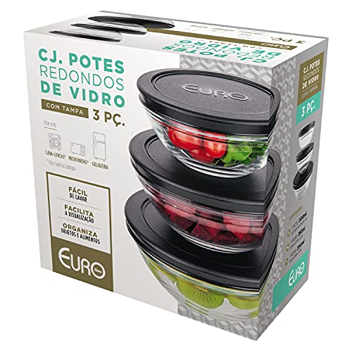 Conjunto com 3 Potes de Vidro Redondos com Tampa Plástica preta, VDR7093-PT, Euro Home