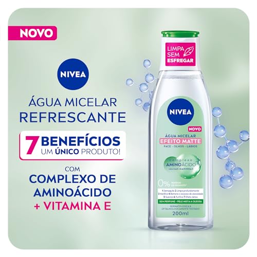 NIVEA Água Micelar Solução de Limpeza Facial 7 em 1 Efeito Matte 200ml - Fórmula poderosa com efeito matte que oferece 7 benefícios: limpa, hidrata, suaviza, tonifica, demaquila, acalma e refresca