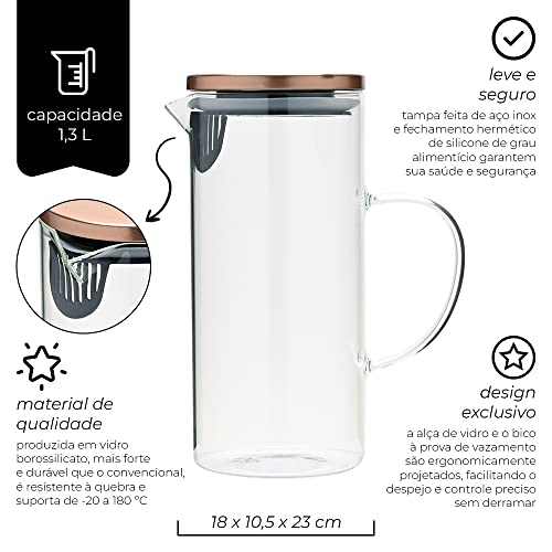 Mimo Style Jarra de Vidro Borossilicato Com Alça e Tampa Hermética Bronze Removível em Silicone e Aço Inoxidável, Capacidade 1,3 Litros, Resistente, Suporta Altas e Baixas Temperaturas