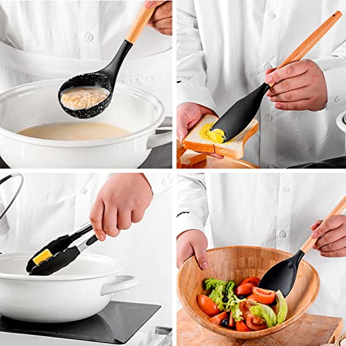 Conjunto de Utensílios de Cozinha em Silicone Antiaderentes com cabo de Madeira - Conjunto de Utensílios 12 Peças (Preto)