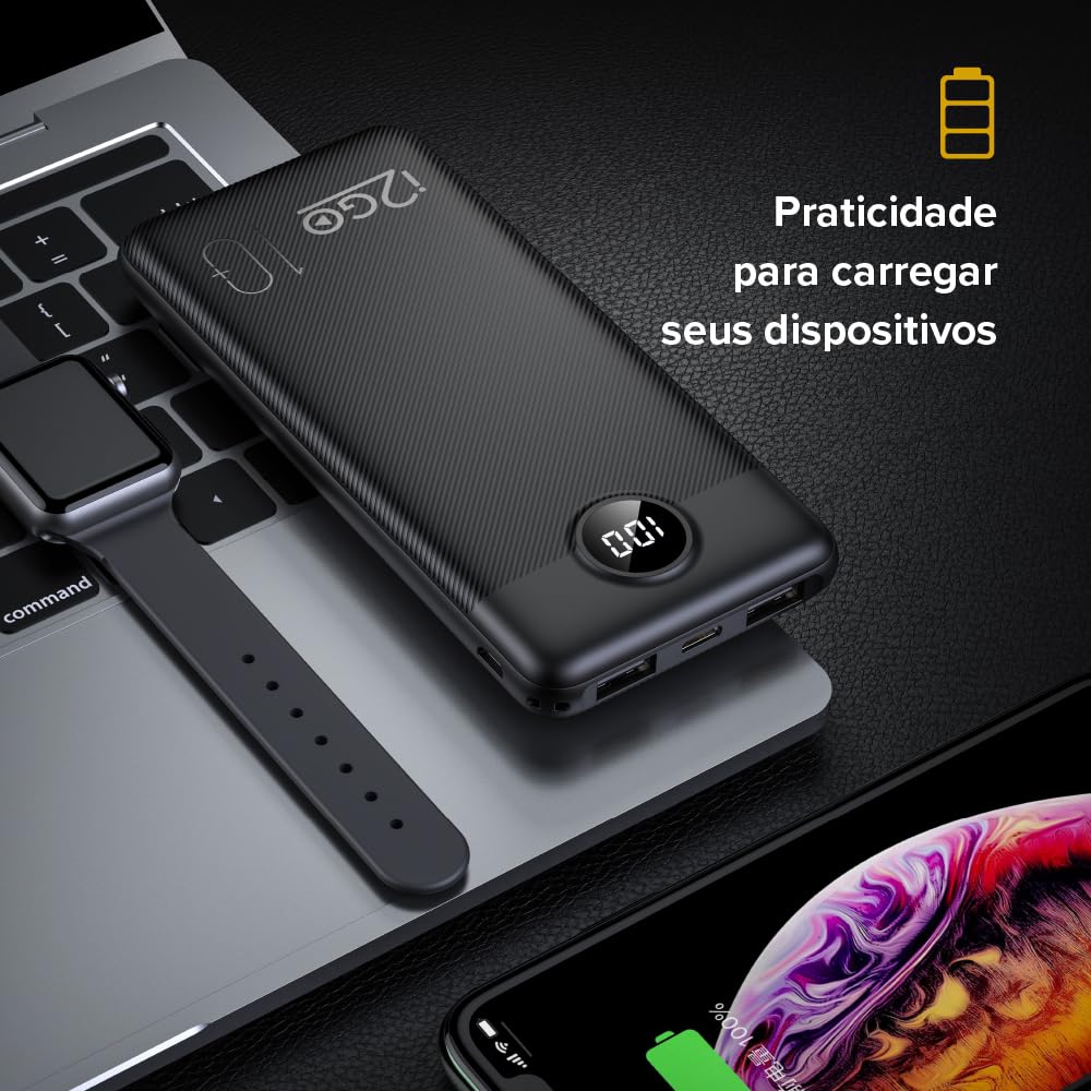Carregador Portátil (Power Bank) Ultra Rápido 10000mAh Power Delivery 20W 2 Saídas USB + 1 Saída/Entrada USB-C Preto I2GO - I2GO PRO