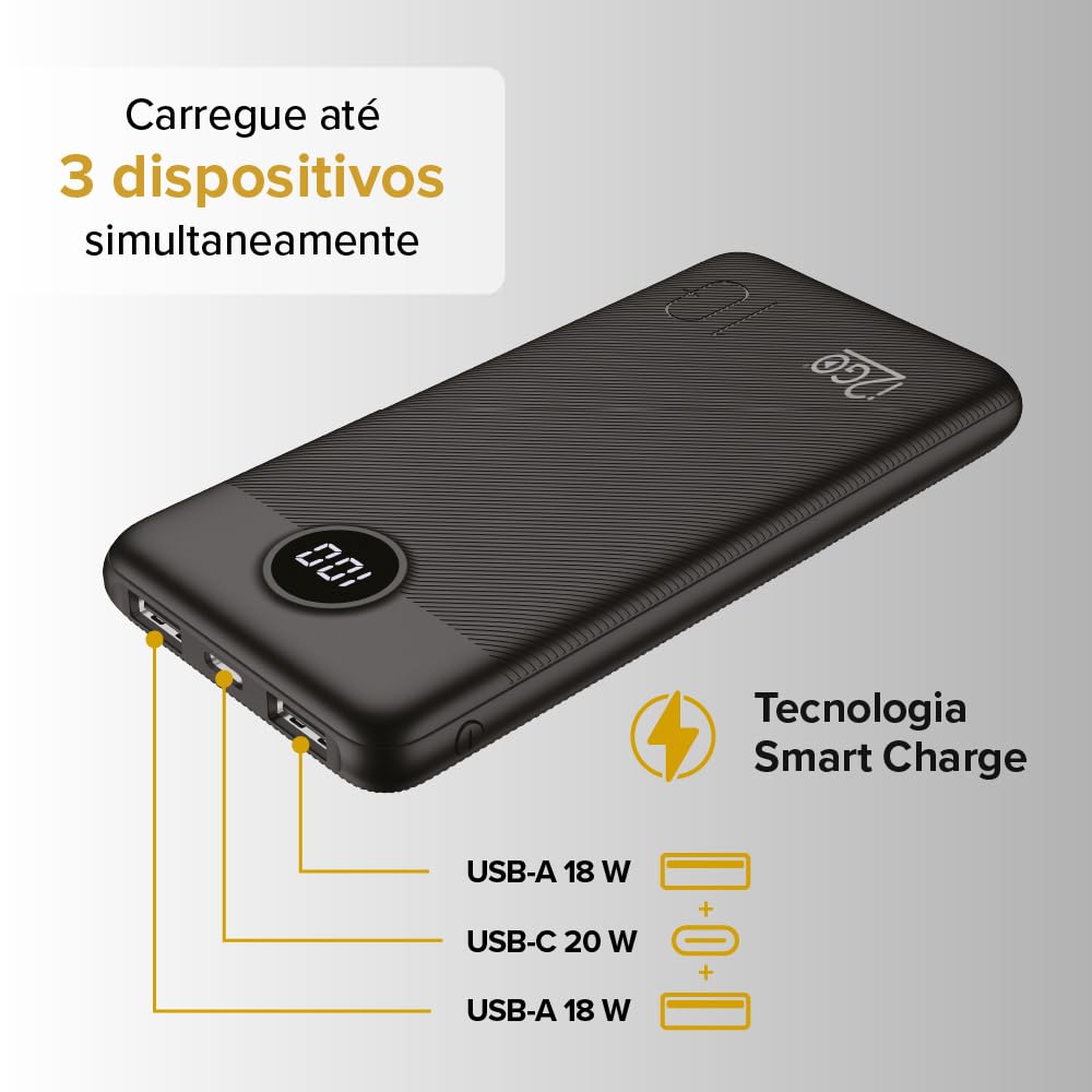 Carregador Portátil (Power Bank) Ultra Rápido 10000mAh Power Delivery 20W 2 Saídas USB + 1 Saída/Entrada USB-C Preto I2GO - I2GO PRO