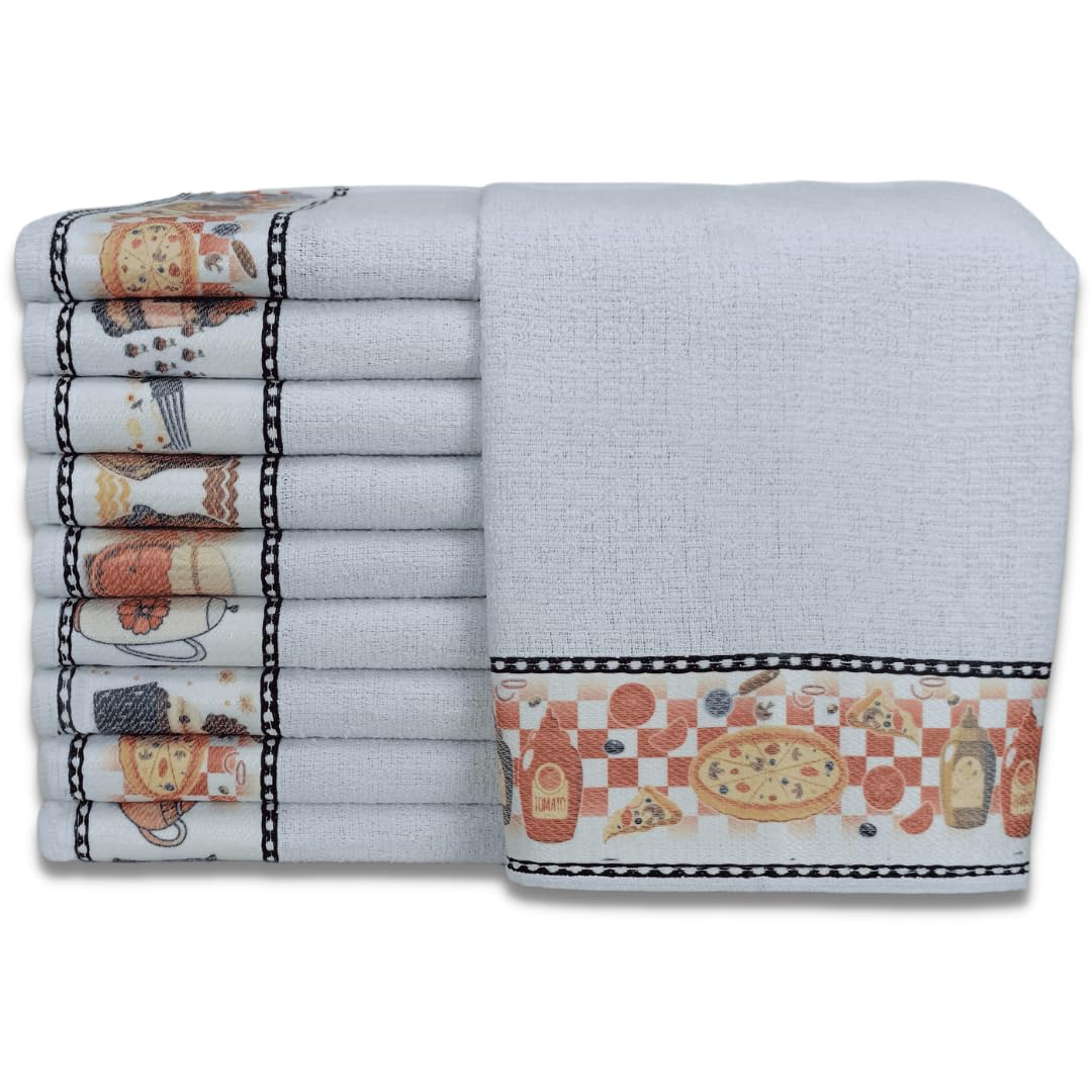 Kit 10 Pano de Prato/Copa Transfer Estampado Atoalhado Para Cozinha 45x65cm 100% Algodão