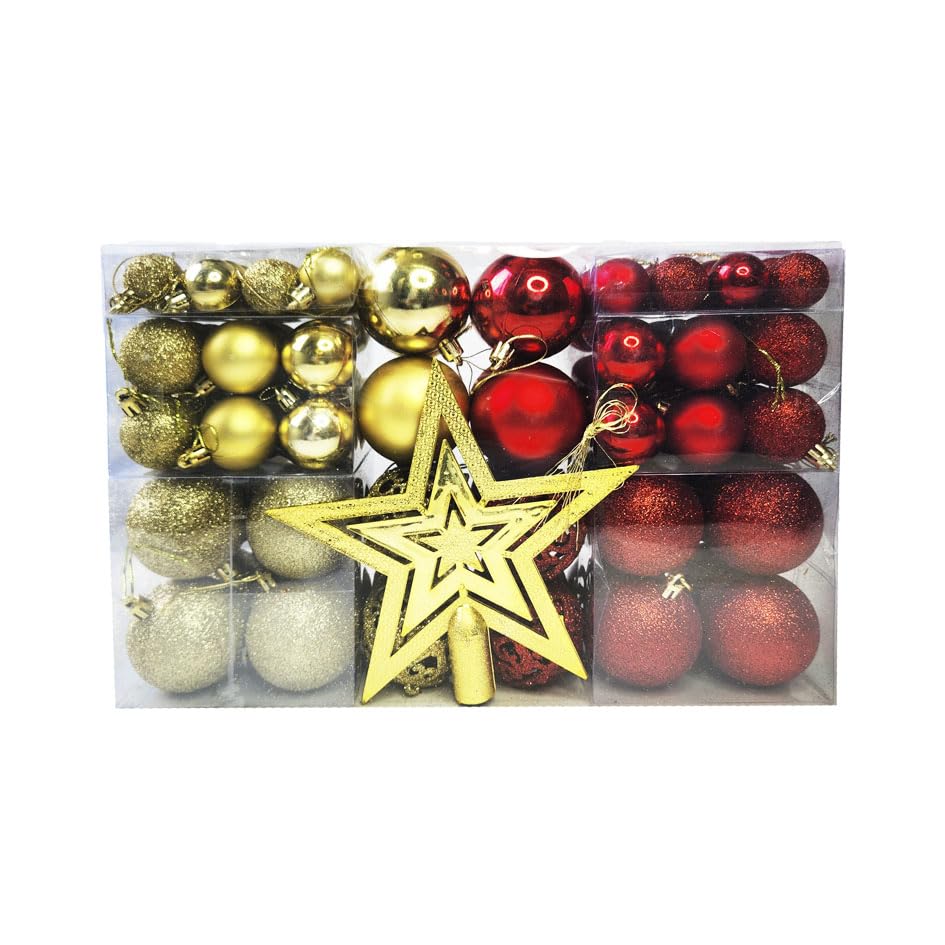 Kit C/100 Bolas de Natal Lisas/Foscas/Glitter + Ponteira - Vermelha e Dourada