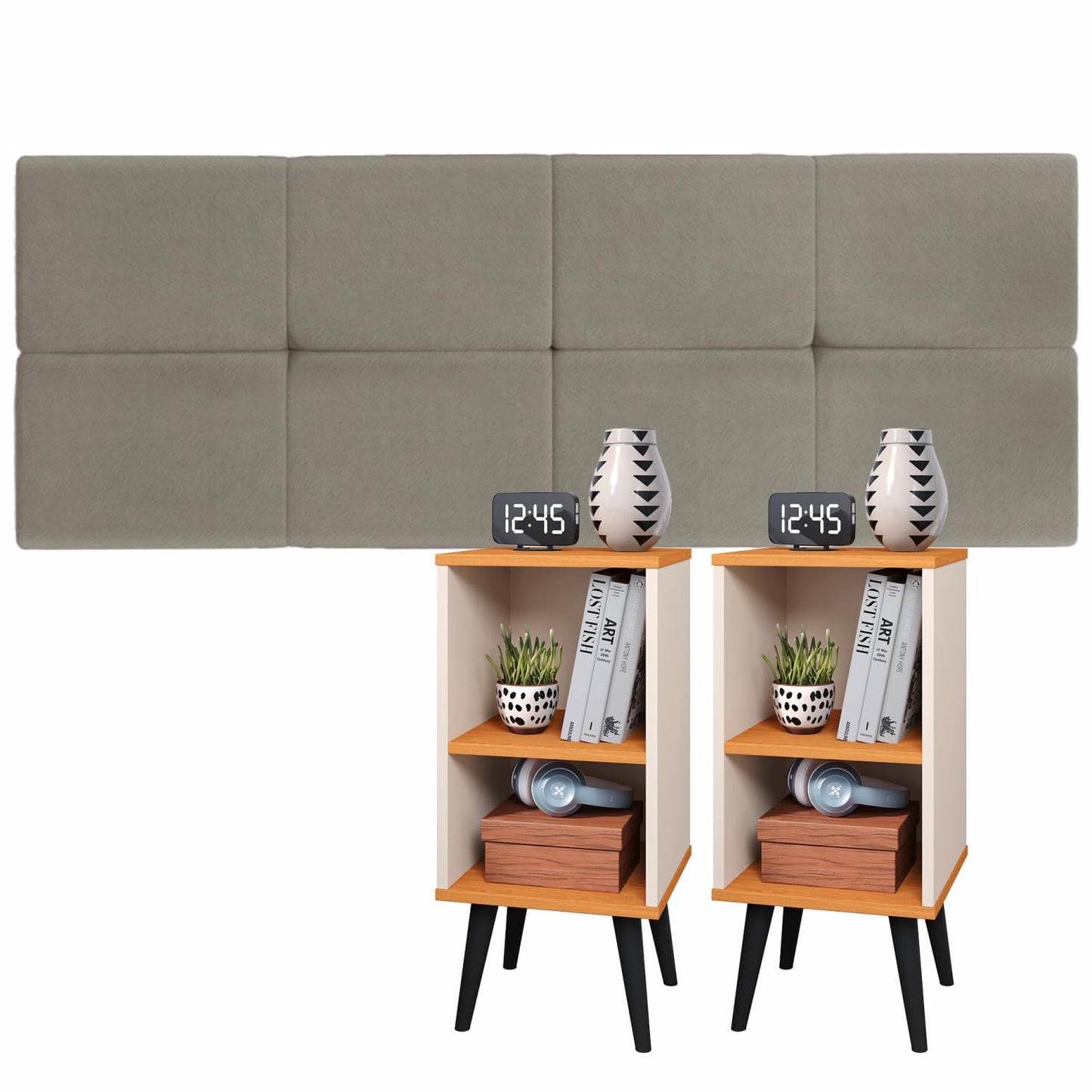 Conjunto Cabeceira Cama Casal 1,40 Com Mesa de Cabeceira Quarto Luxo COR:Bege - Off White/Cinamomo
