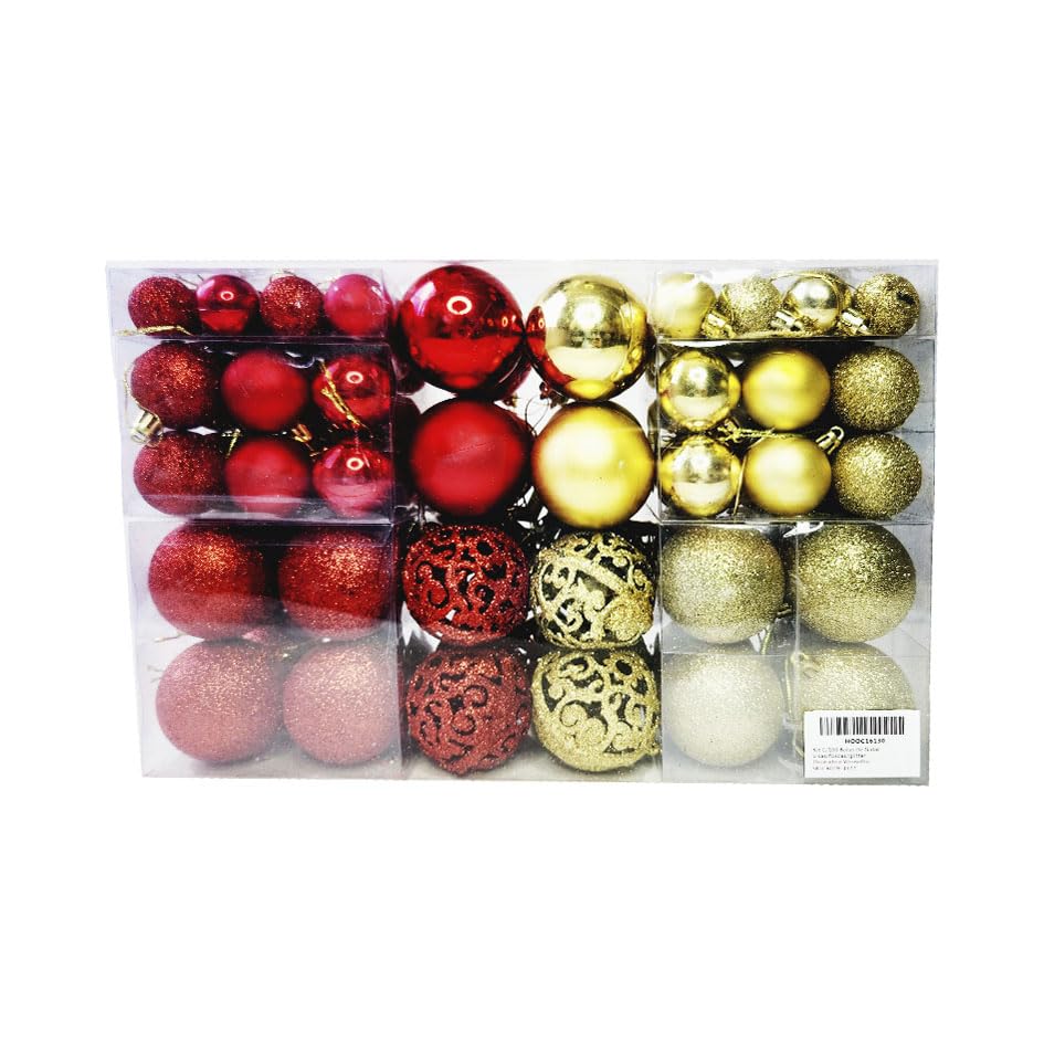 Kit C/100 Bolas de Natal Lisas/Foscas/Glitter + Ponteira - Vermelha e Dourada