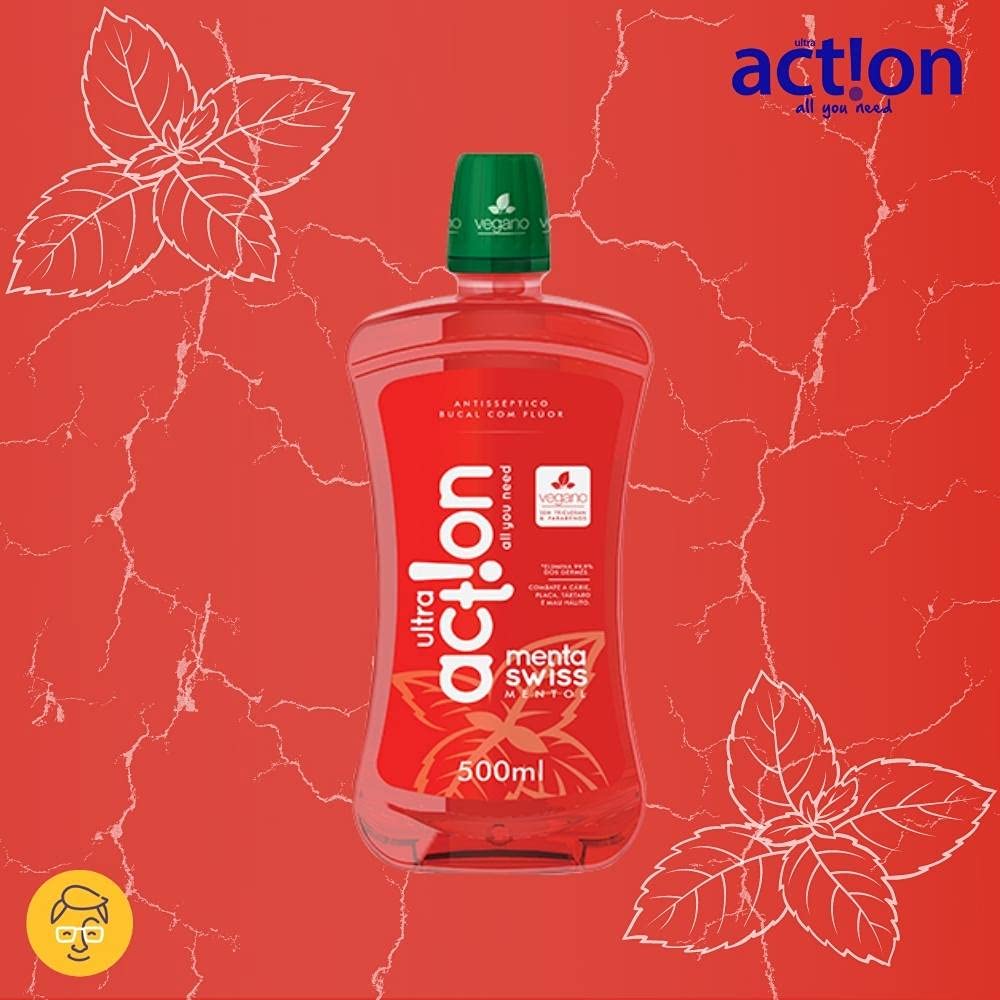 Enxaguante Bucal Menta Swiss, sem Triclosan, sem Parabeno, Previne Contra a Cárie, Hálito Saudavél, Produto Vegano, Ultra Action, 500 Ml