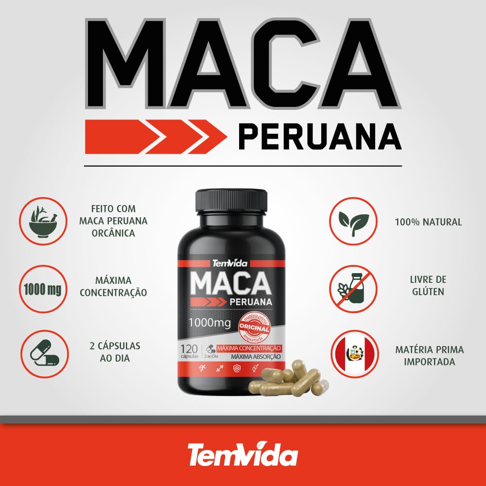 Kit 03 Maca Peruana - Maca Peruana Negra 1000mg 360 Cápsulas - Para Homens e Mulheres - Tem Vida