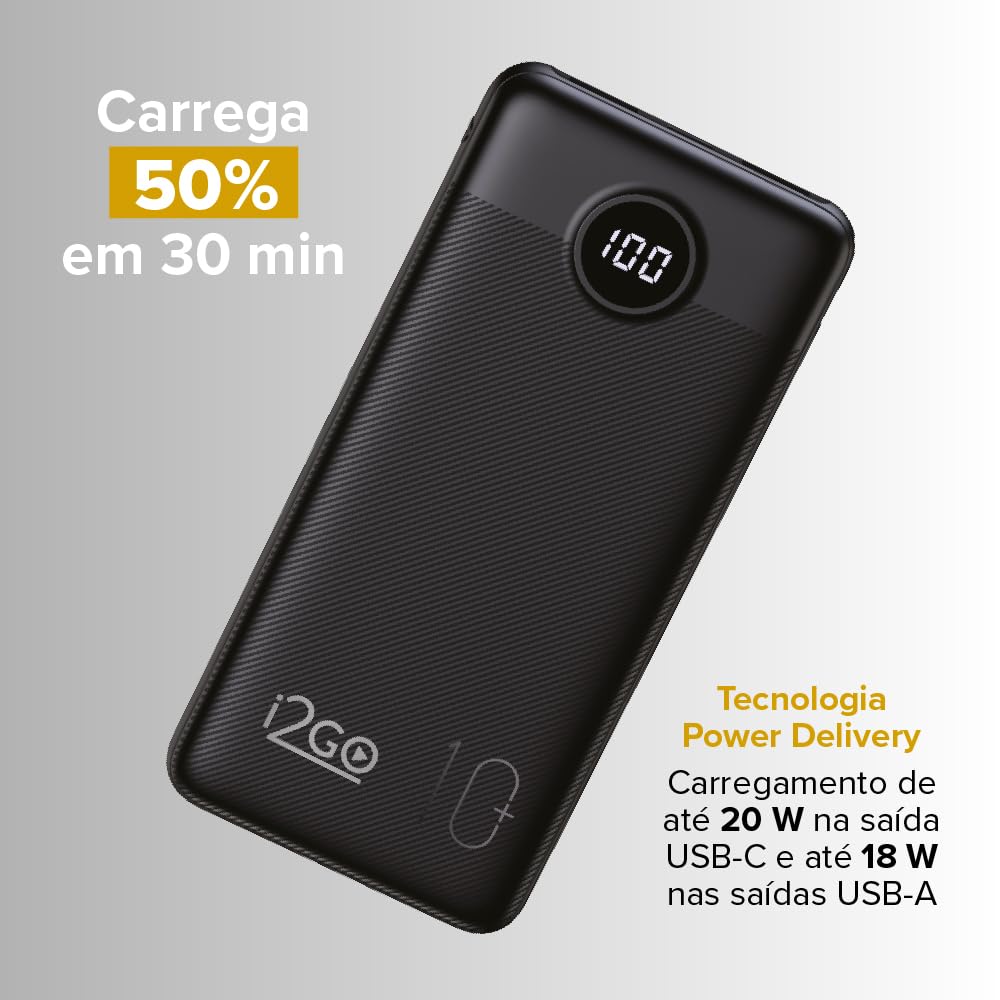 Carregador Portátil (Power Bank) Ultra Rápido 10000mAh Power Delivery 20W 2 Saídas USB + 1 Saída/Entrada USB-C Preto I2GO - I2GO PRO