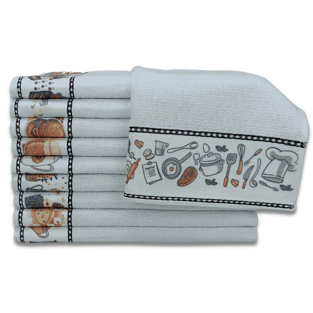 Kit 10 Pano de Prato/Copa Transfer Estampado Atoalhado Para Cozinha 45x65cm 100% Algodão