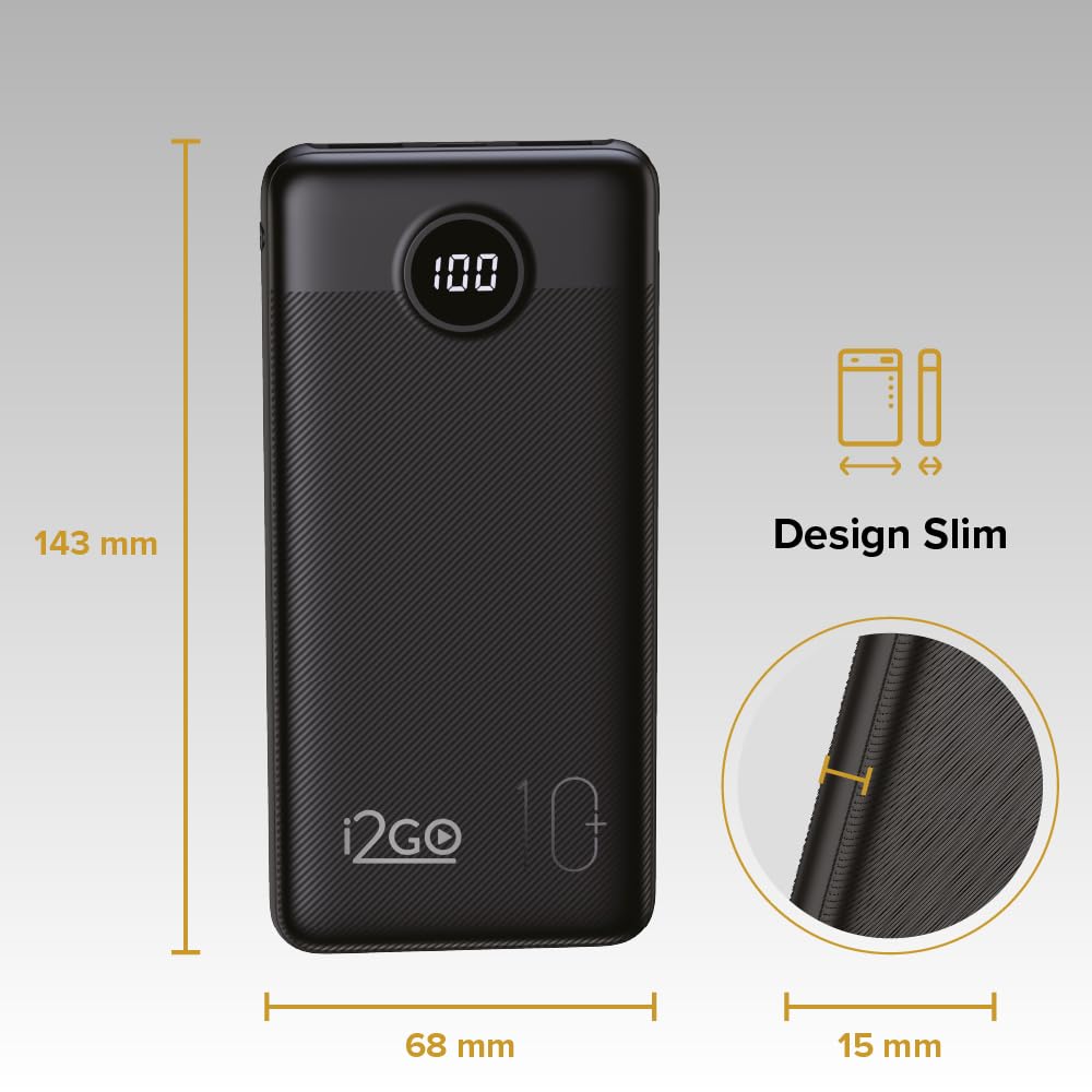 Carregador Portátil (Power Bank) Ultra Rápido 10000mAh Power Delivery 20W 2 Saídas USB + 1 Saída/Entrada USB-C Preto I2GO - I2GO PRO