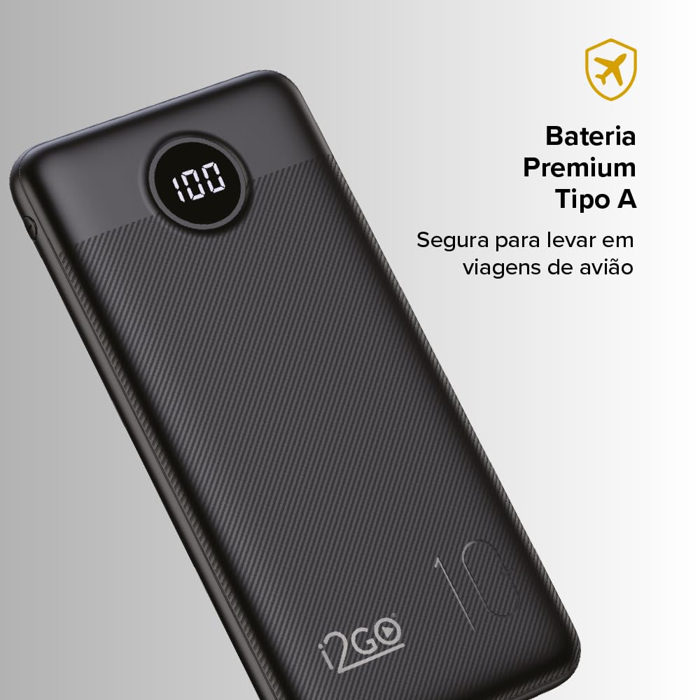 Carregador Portátil (Power Bank) Ultra Rápido 10000mAh Power Delivery 20W 2 Saídas USB + 1 Saída/Entrada USB-C Preto I2GO - I2GO PRO