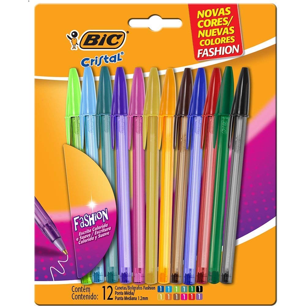 Canetas Coloridas Bic Cristal Fashion 12 Cores Vibrantes, Ponta Esferográfica Média de 1.2mm, Escrita Suave e Cores Vibrantes