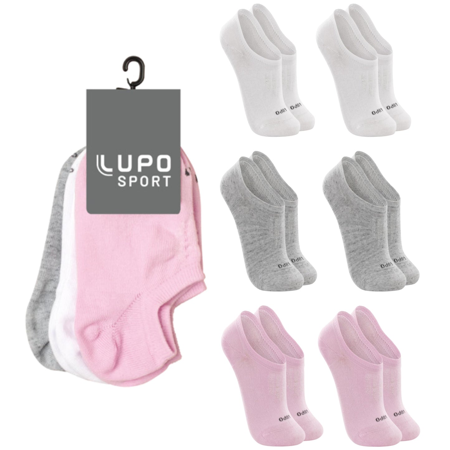 Kit 06 Pares Meia Soquete Lupo Sport Sapatilha Feminino Adulto | 2 Branco - 2 Cinza - 2 Rosa | 33-36