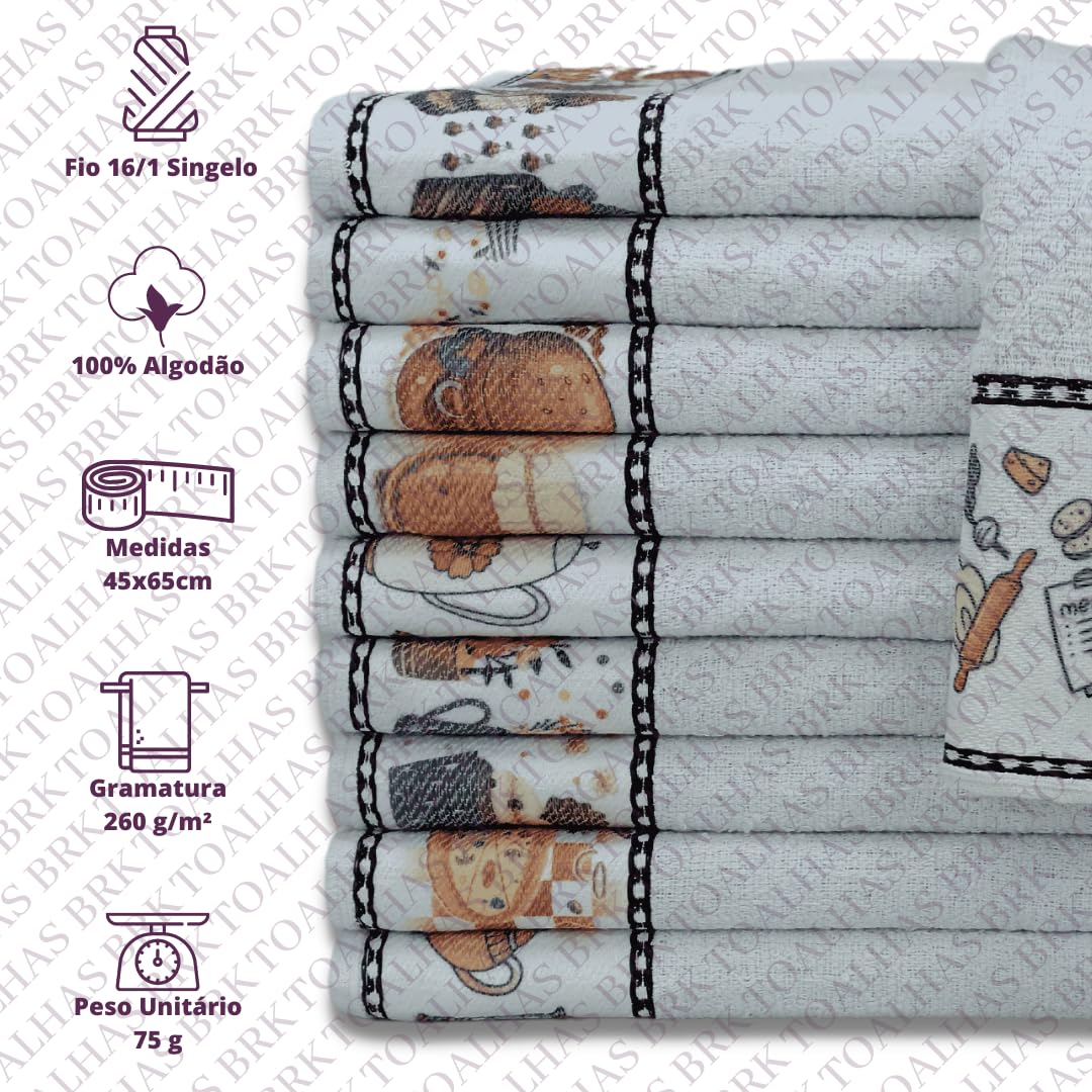 Kit 10 Pano de Prato/Copa Transfer Estampado Atoalhado Para Cozinha 45x65cm 100% Algodão