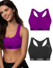 2 top nadador PUMA Sem Bojo Academia Sem Costura Microfibra Feminino, 1 Preto - 1 Orquídea, M