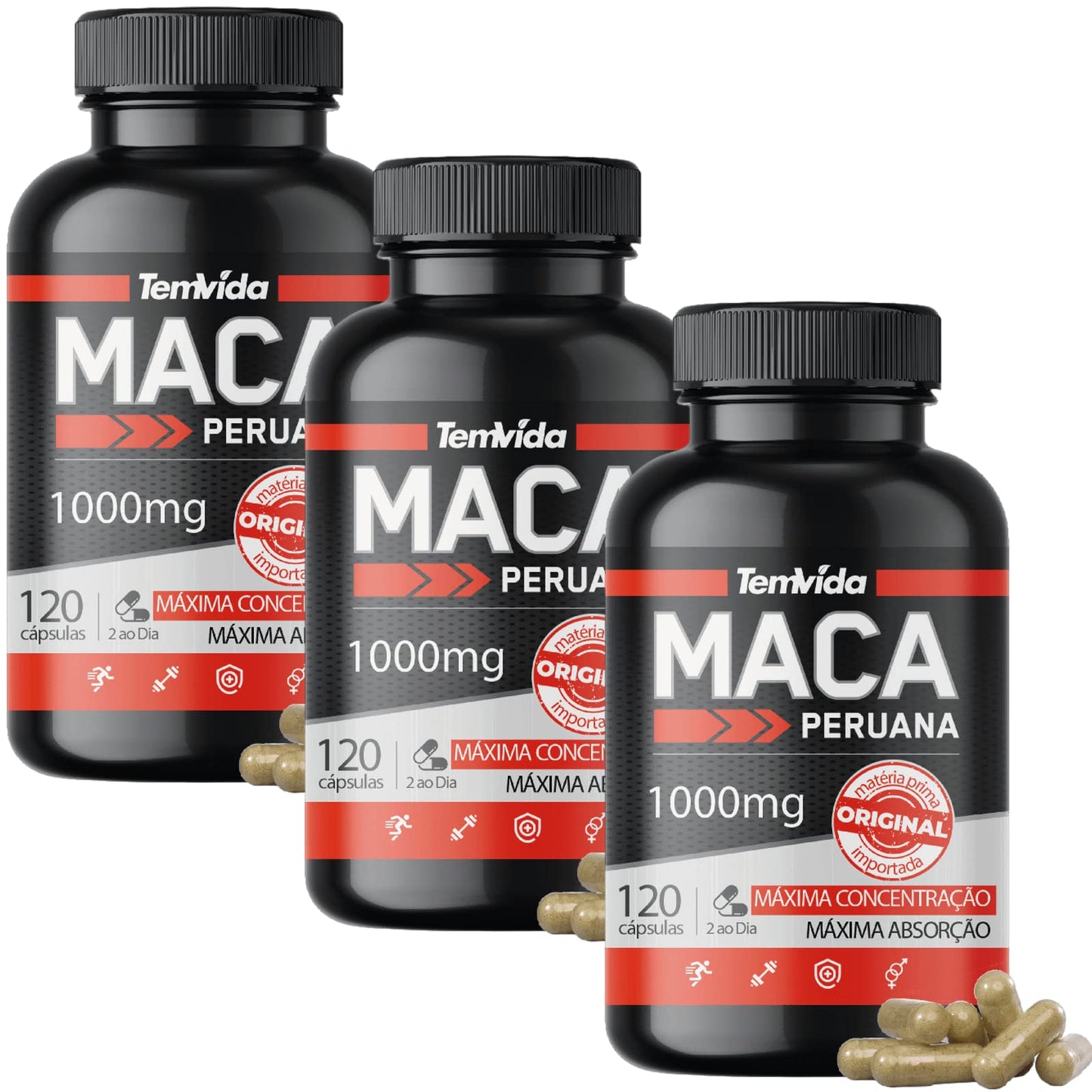 Kit 03 Maca Peruana - Maca Peruana Negra 1000mg 360 Cápsulas - Para Homens e Mulheres - Tem Vida