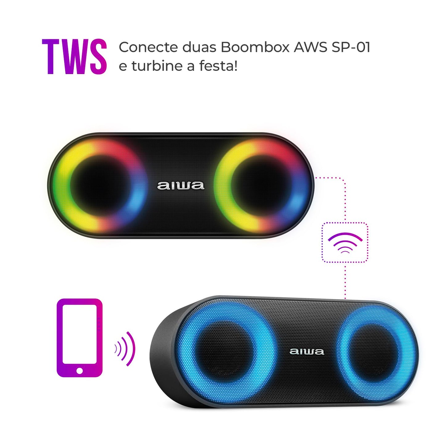 Caixa de Som Speaker, Aiwa, Bluetooth, Luzes Multicores, IP65 - AWS-SP-01