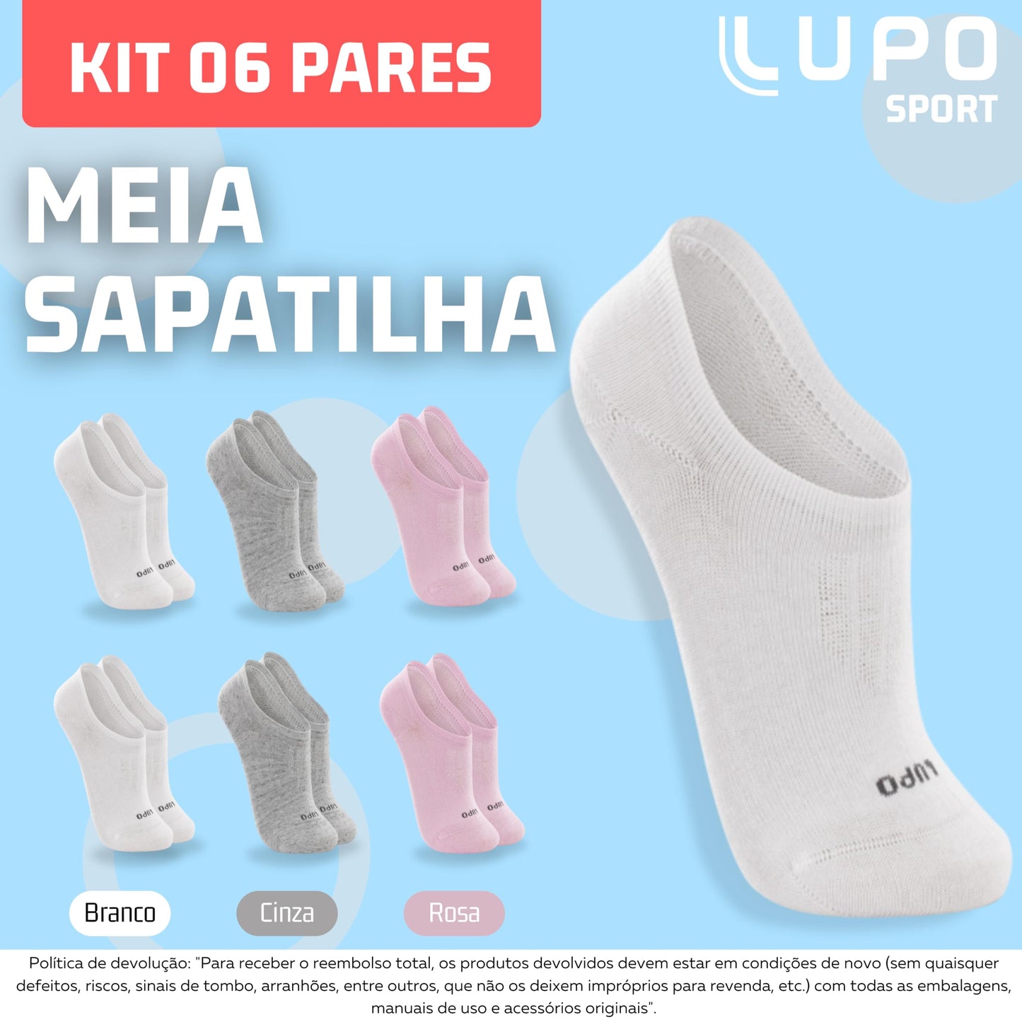 Kit 06 Pares Meia Soquete Lupo Sport Sapatilha Feminino Adulto | 2 Branco - 2 Cinza - 2 Rosa | 33-36
