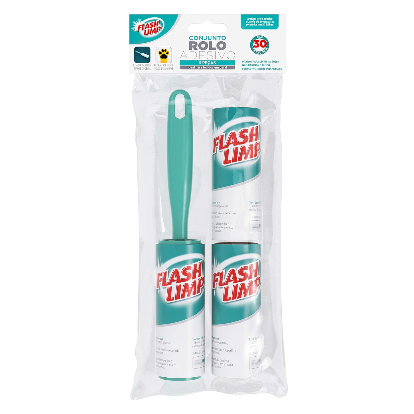 Flash Limp Conjunto 1 Rolo Adesivo Com 30 Folhas E 2 Refis Removedor De Poeira Pelos E Fiapos Cst0085