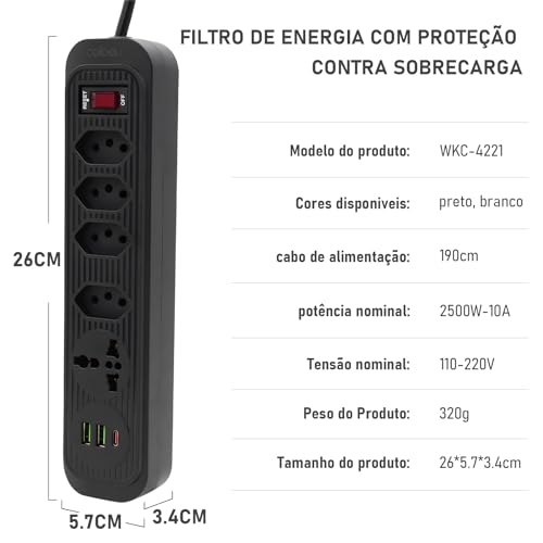 Filtro de Linha, Extensão Tomada, Régua Tomada, Régua de Energia, 4 Tomadas, 2 Interfaces USB, 1 Porta USB Tipo-C, 1 Tomada Universal, Cabo de Alimentação de 1,9 metros (Branco)