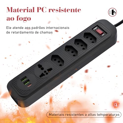 Filtro de Linha, Extensão Tomada, Régua Tomada, Régua de Energia, 4 Tomadas, 2 Interfaces USB, 1 Porta USB Tipo-C, 1 Tomada Universal, Cabo de Alimentação de 1,9 metros (Branco)