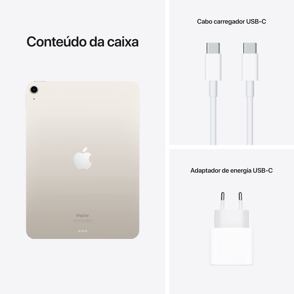 iPad Air da Apple (5a geração): Com chip M1, tela Liquid Retina de 10,9 polegadas, 64 GB Wi-Fi 6, câmera frontal de 12 MP, câmera traseira de 12 MP, Touch ID, Estelar