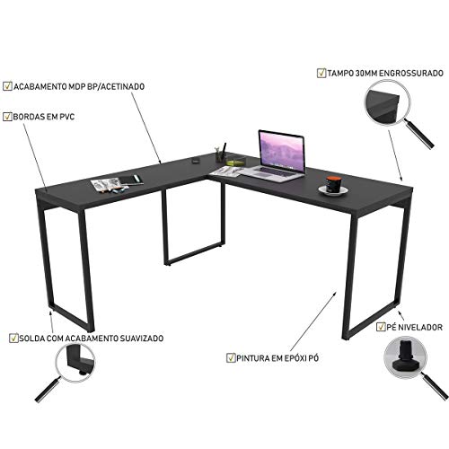 Mesa de Escritório em L Estilo Industrial 1,50mX1,50m Kuadra, Compace, Preto Ônix / Est.Preta