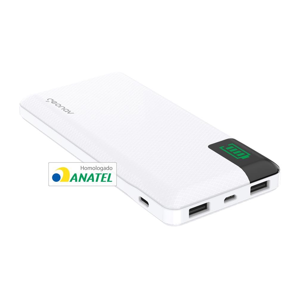 Geonav Power Bank, Carregador Portátil Universal 16.000mAh, 2 portas USB + 1 porta USB-C, Led Indicador de bateria, PB16KWT, Branco