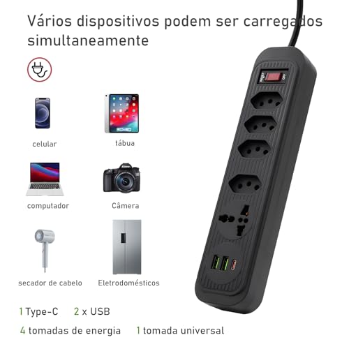 Filtro de Linha, Extensão Tomada, Régua Tomada, Régua de Energia, 4 Tomadas, 2 Interfaces USB, 1 Porta USB Tipo-C, 1 Tomada Universal, Cabo de Alimentação de 1,9 metros (Branco)