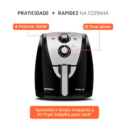 Fritadeira Sem Óleo Air Fryer 4L, Mondial, Preto/Inox, 1500W, 110V - AFN-40-BI