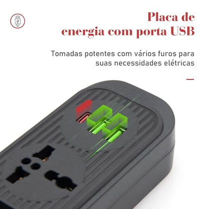 Filtro de Linha, Extensão Tomada, Régua Tomada, Régua de Energia, 4 Tomadas, 2 Interfaces USB, 1 Porta USB Tipo-C, 1 Tomada Universal, Cabo de Alimentação de 1,9 metros (Branco)