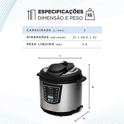 Panela de Pressão Elétrica 6L Digital, Inox/Preto, 110v, Midea