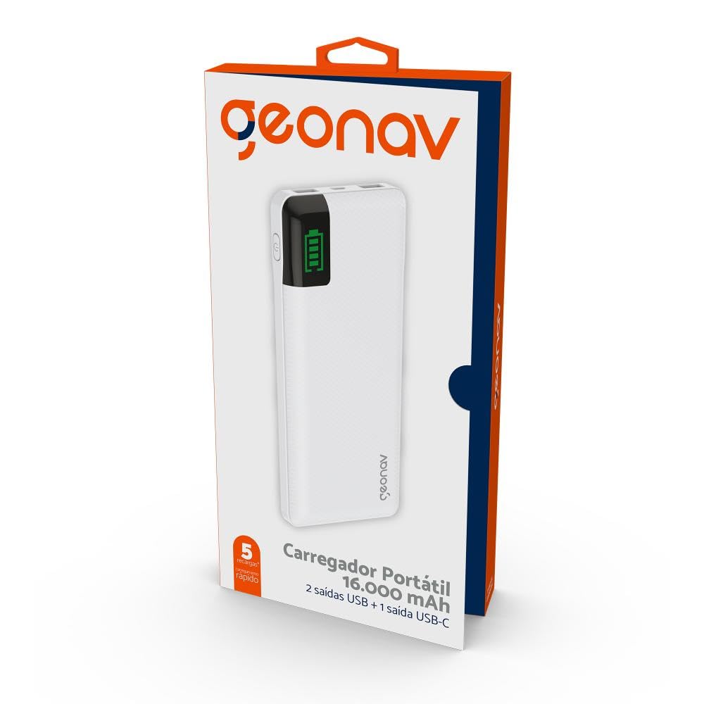 Geonav Power Bank, Carregador Portátil Universal 16.000mAh, 2 portas USB + 1 porta USB-C, Led Indicador de bateria, PB16KWT, Branco