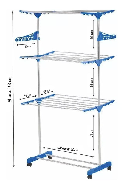 Varal Torre 3 Andares Inox Retratil Compacto 4 Rodinhas Azul