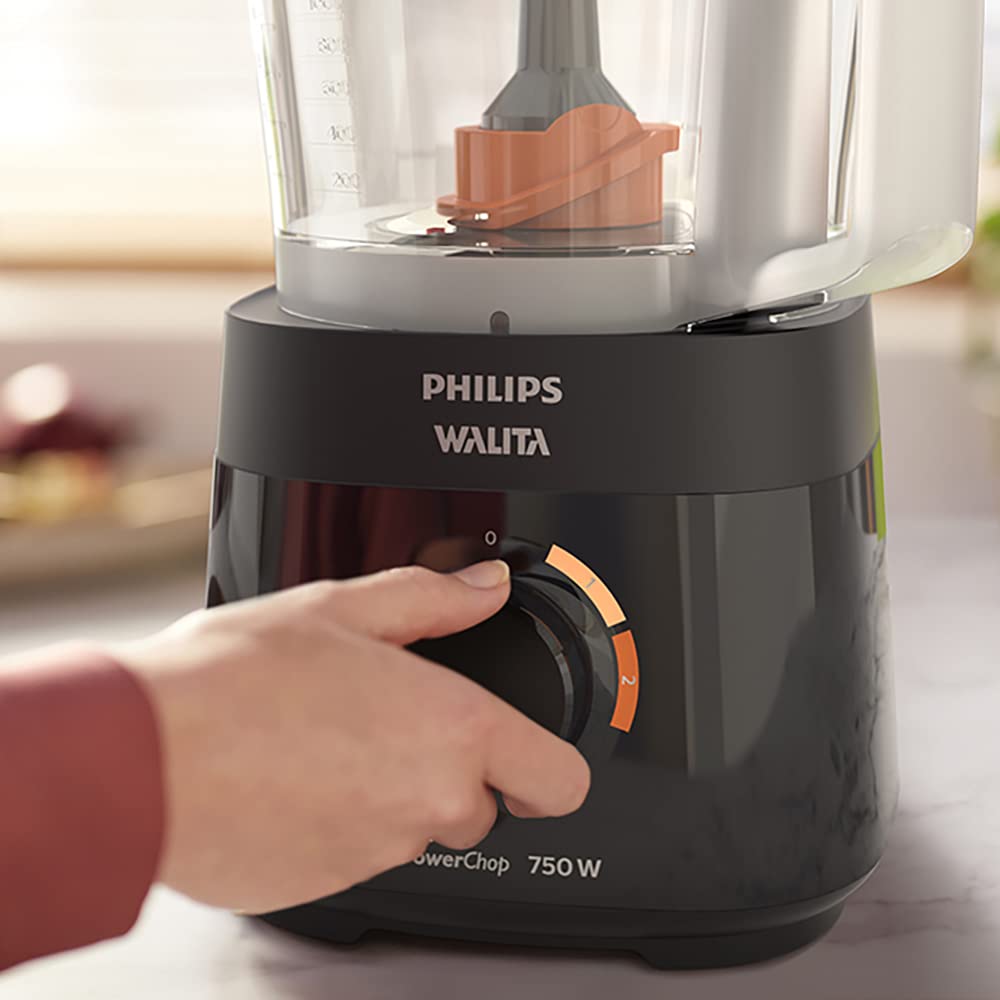 Philips Walita Preto Multiprocessador PowerChop 750, 2 velocidades, 4 acessórios, Recipiente com capacidade de 1,5 litros, 750W, 110V (RI7301/91)