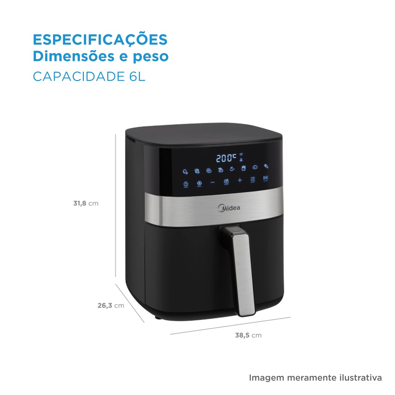 Midea Air Fryer Fritadeira 6L, 9 Menus Predefinidos, Tela de Toque LED, Desligamento Automático, Função IOT, 90% Menos Gordura, cesta Antiaderente e Prato Mais Crocante 127V/60Hz