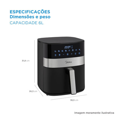 Midea Air Fryer Fritadeira 6L, 9 Menus Predefinidos, Tela de Toque LED, Desligamento Automático, Função IOT, 90% Menos Gordura, cesta Antiaderente e Prato Mais Crocante 127V/60Hz