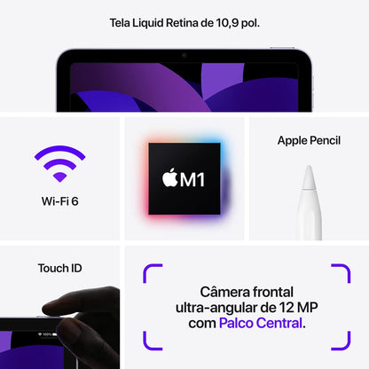 iPad Air da Apple (5a geração): Com chip M1, tela Liquid Retina de 10,9 polegadas, 64 GB Wi-Fi 6, câmera frontal de 12 MP, câmera traseira de 12 MP, Touch ID, Estelar