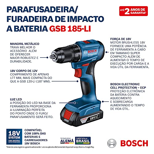 Furadeira Parafusadeira Impacto 18V Bosch GSB185LI-1B Sem Fio, 1 bateria