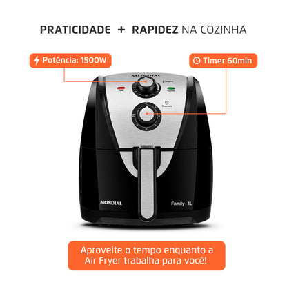 Fritadeira Sem Óleo Air Fryer 4L, Mondial, Preto/Inox, 1500W, 220V - AFN-40-BI