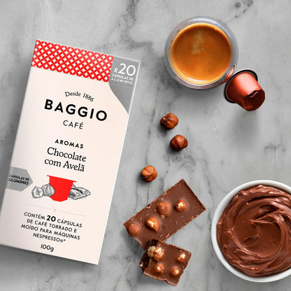 Cápsulas de Café Baggio Café Aroma Chocolate com Avelã, compatível com Nespresso, contém 20 cápsulas