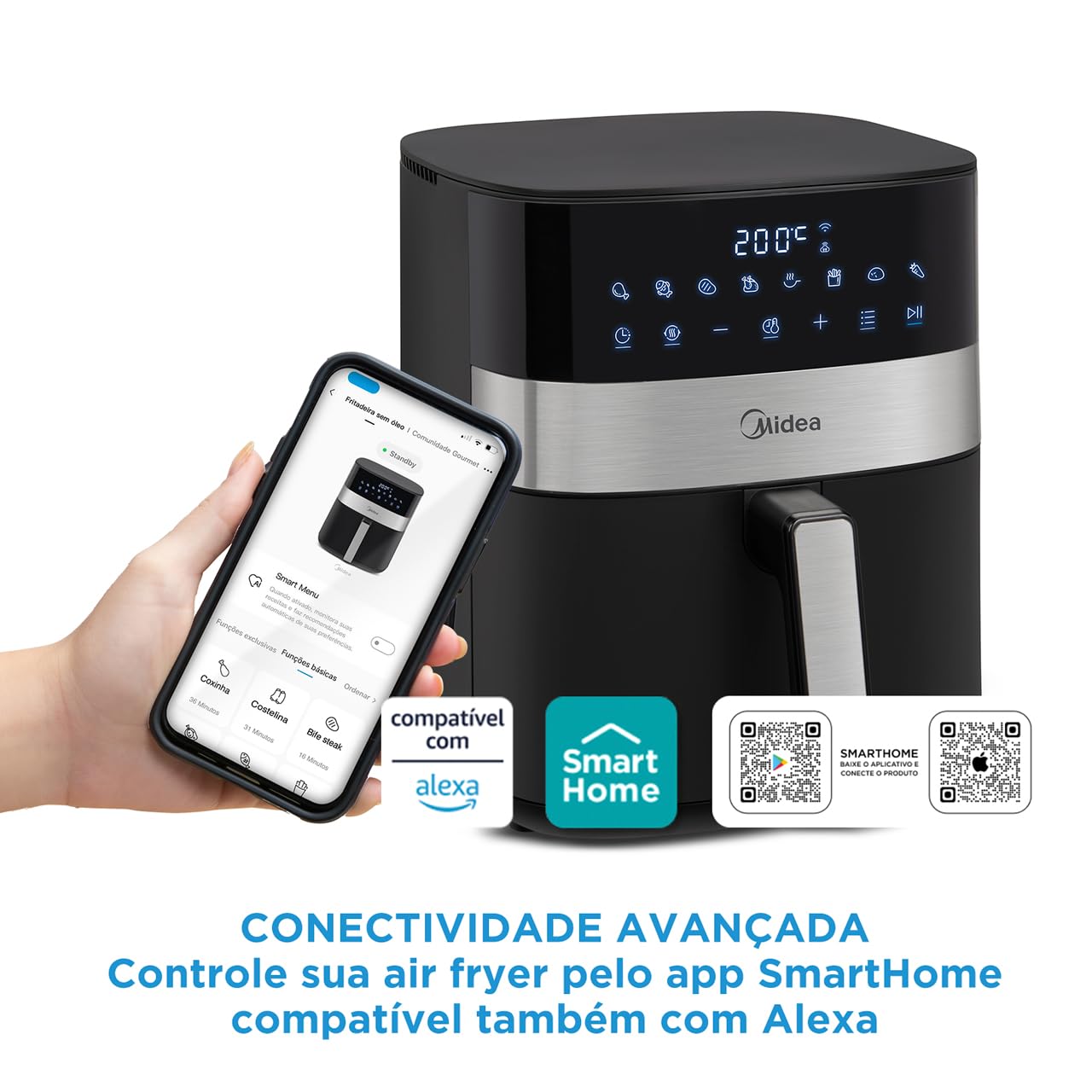 Midea Air Fryer Fritadeira 6L, 9 Menus Predefinidos, Tela de Toque LED, Desligamento Automático, Função IOT, 90% Menos Gordura, cesta Antiaderente e Prato Mais Crocante 127V/60Hz