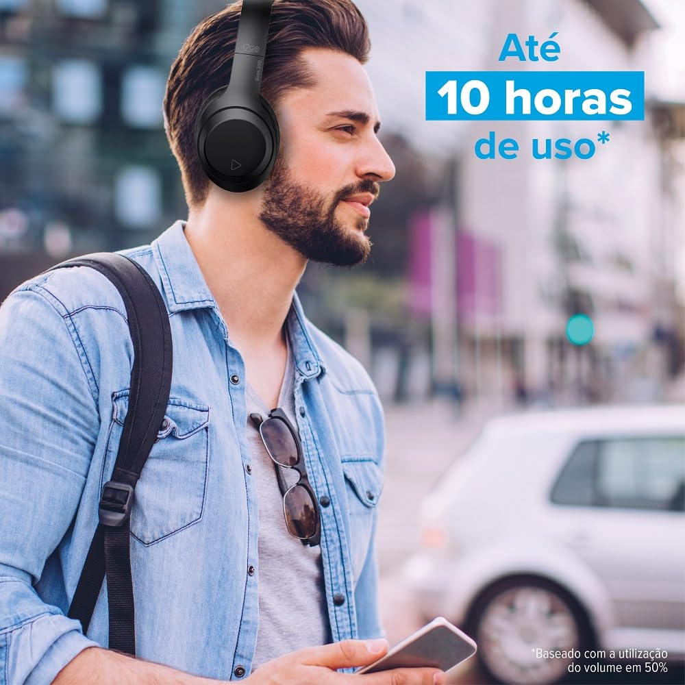 Headphone Bluetooth BASS 300 i2GO com Microfone Integrado, Controle Multimídia, Até 10h de bateria, Entrada Cartão Micro-SD, Entrada cabo auxiliar P2 (Incluso), Dobrável, Conexão Multiponto