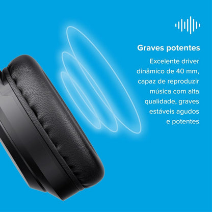 Headphone Bluetooth BASS 300 i2GO com Microfone Integrado, Controle Multimídia, Até 10h de bateria, Entrada Cartão Micro-SD, Entrada cabo auxiliar P2 (Incluso), Dobrável, Conexão Multiponto