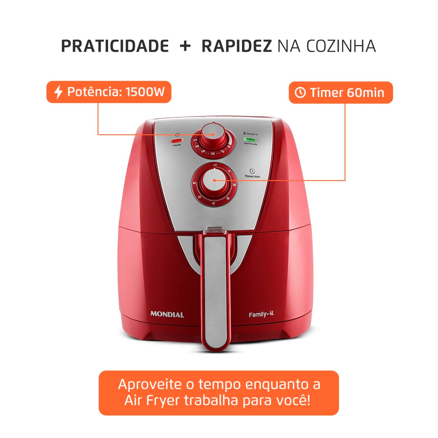 Fritadeira Sem Óleo Air Fryer 4L, Mondial, Vermelho/Inox, 1500W, 110V - AFN-40-RI