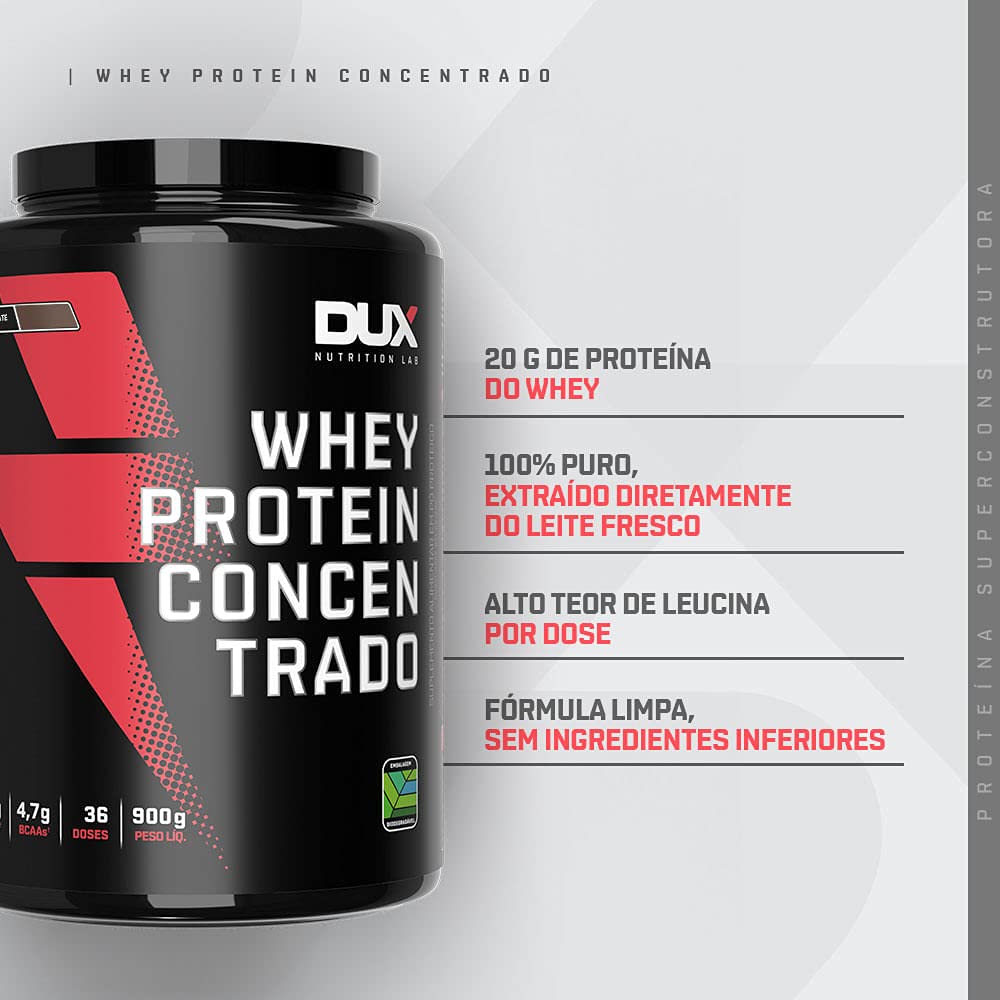 DUX HUMAN HEALTH - Whey Protein Concentrado - 20g de Proteínas por Porção - Suplementos Naturais, Suplementação Treino Academia, Ganho Muscular Hipertrofia - Baunilha - 900g